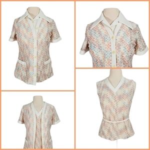 Vintage 70s Rainbow Chevron 3 Piece Knit Top Set